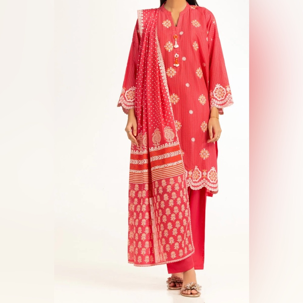 Hot Pink lacquer Embroidered 3Pc Suit for Women by Gul Ahmed in Medium Size